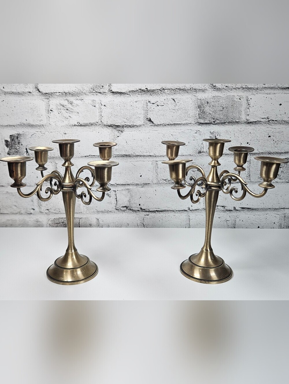 Vintage Brass Tone 5 Arm Candelabra Ornate Scroll Candle Holder Pair